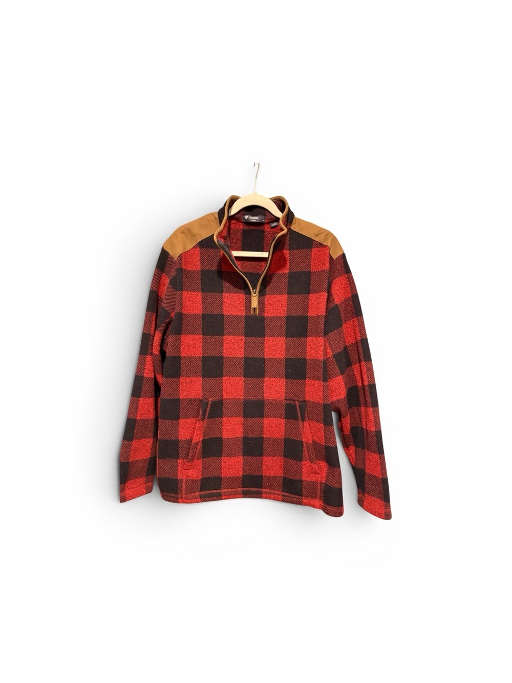 Buffalo plaid cozy Cremieux Red and Quarter-Zip with Tan Shoulder Panel